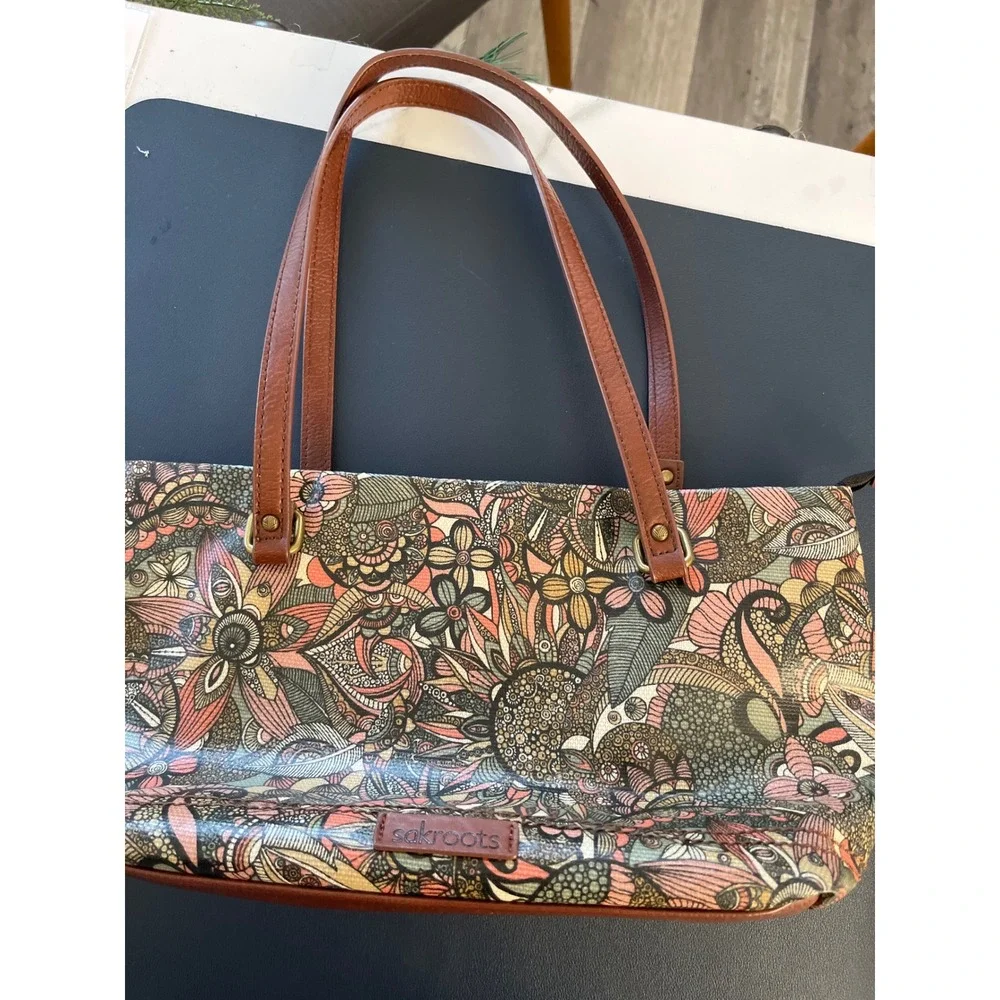 Sakroots Shoulder Bag Multi Color Floral‎ Print Leather Trim
